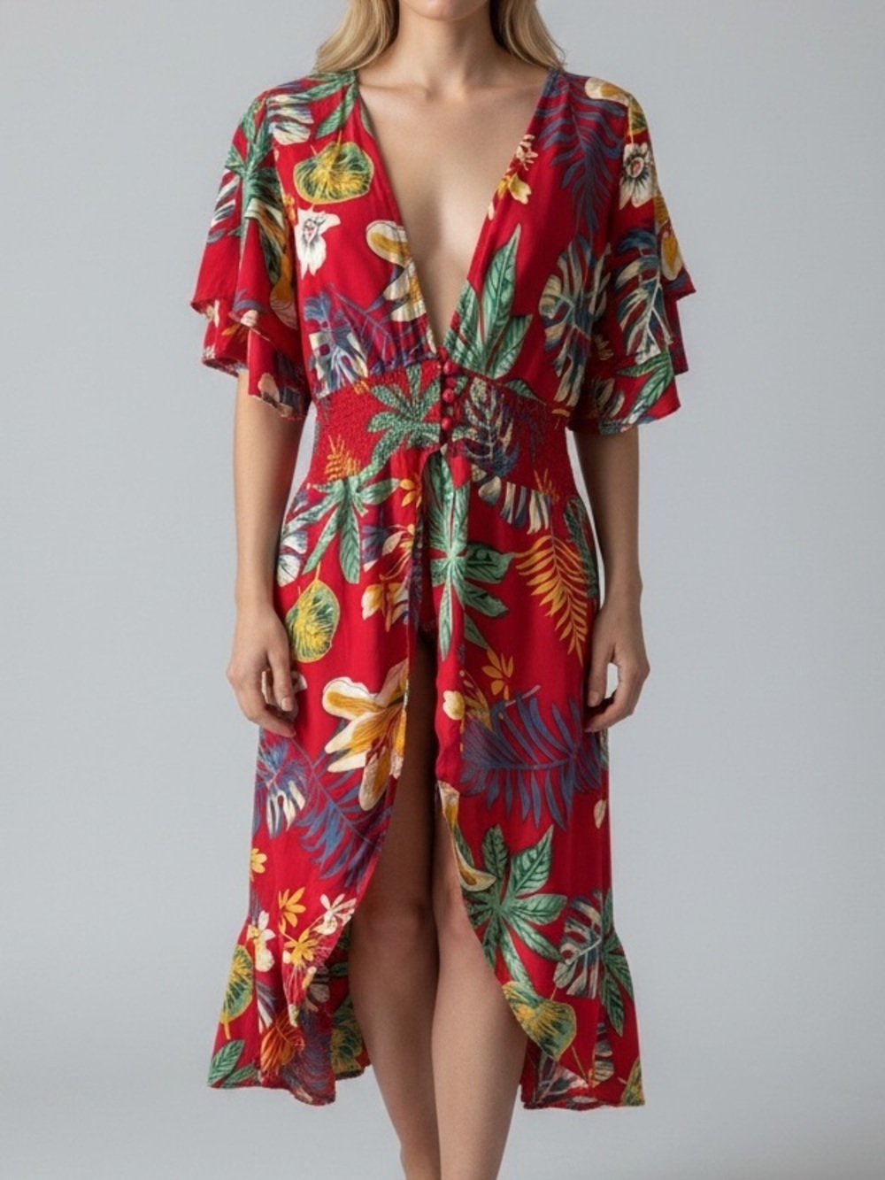 Lizette Collection Tropical Maxi Dress Red Hawaiian Resort Vacation Coverup